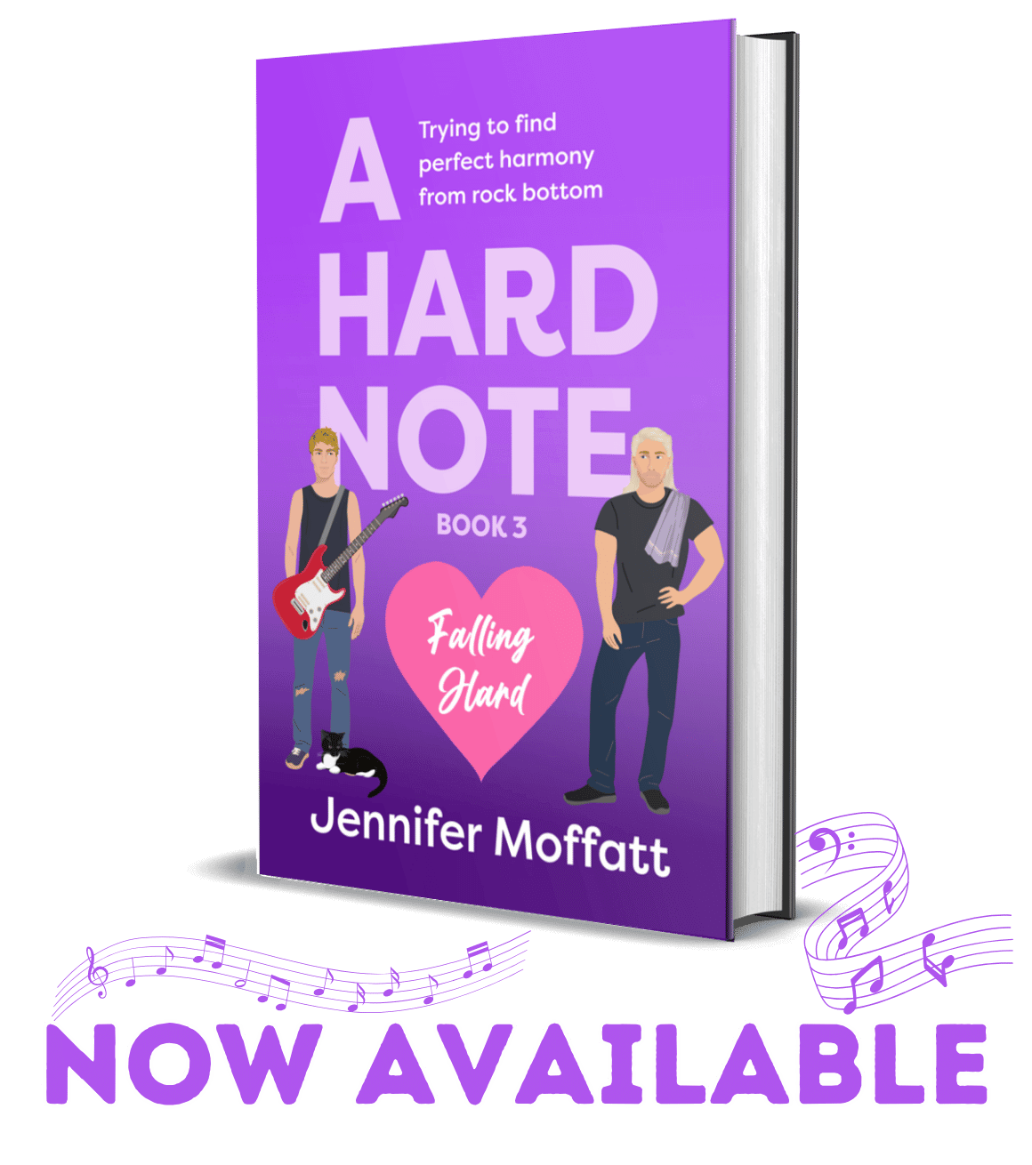 Book cover of A HARD NOTE by Jennifer Moffatt in a 3d mockup with the words NOW AVAILABLE in purple below and music notes around it
